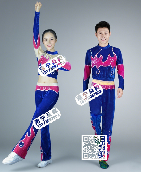 宝蓝玫红纹啦啦操健美操套装