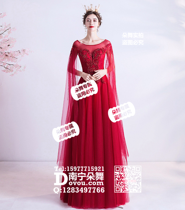 红色披纱袖纱裙长礼服