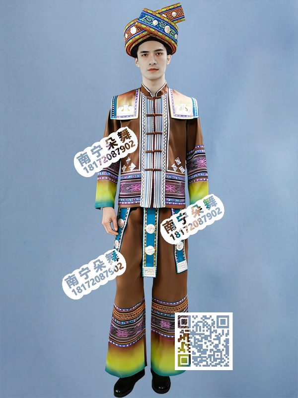 棕色方肩黄袖竖条纹男侗族