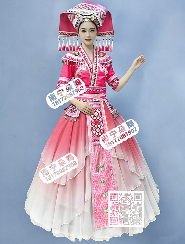 粉红渐变多层荷叶摆壮族大摆裙