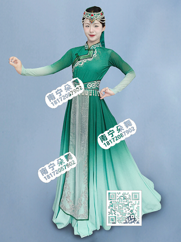 绿色渐变白纱银花吊腰蒙古女服