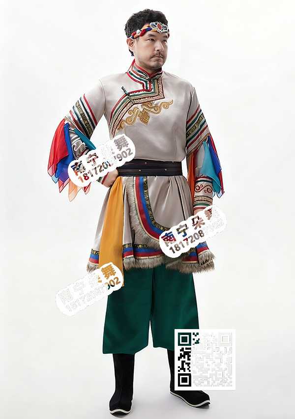 卡其色上衣多色袖带绿裤蒙古男