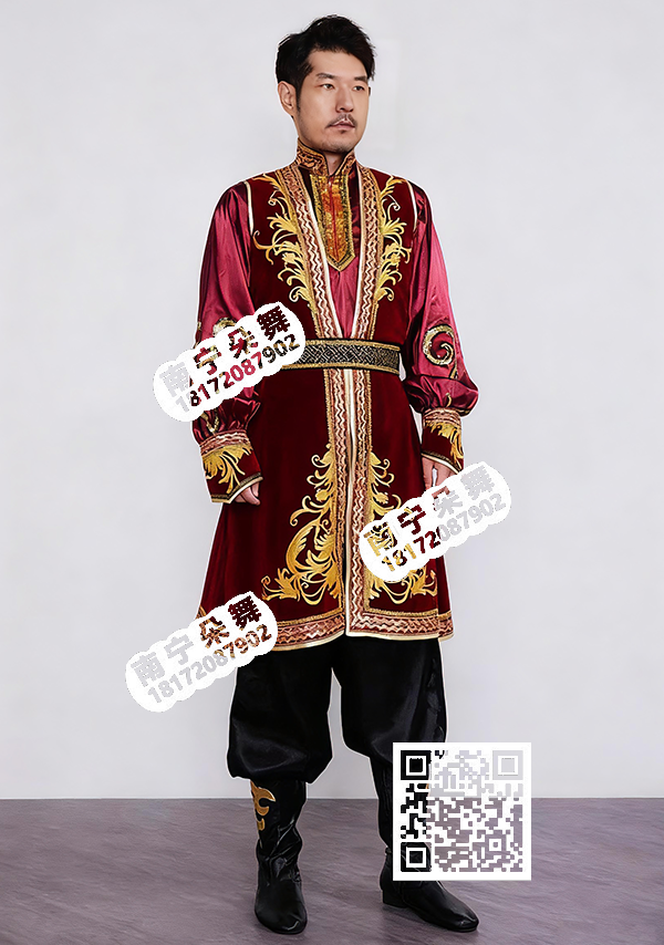 棕红褂金边黑裤新疆男装