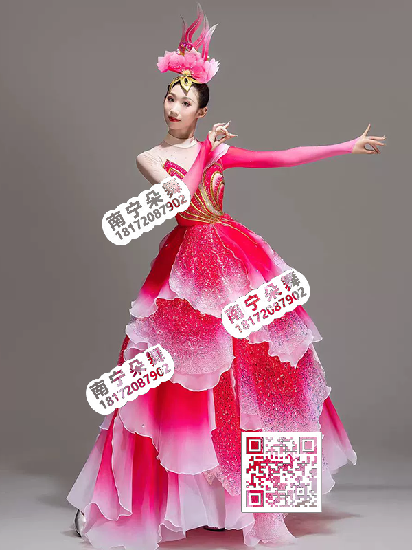 玫红渐变多层水浪镂空胸大摆裙