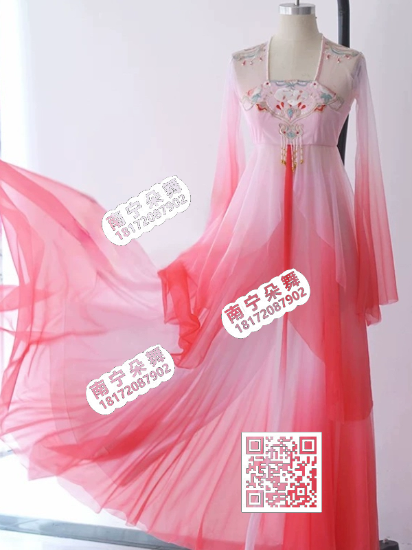 红白渐变飘逸花间舞古典女大摆裙